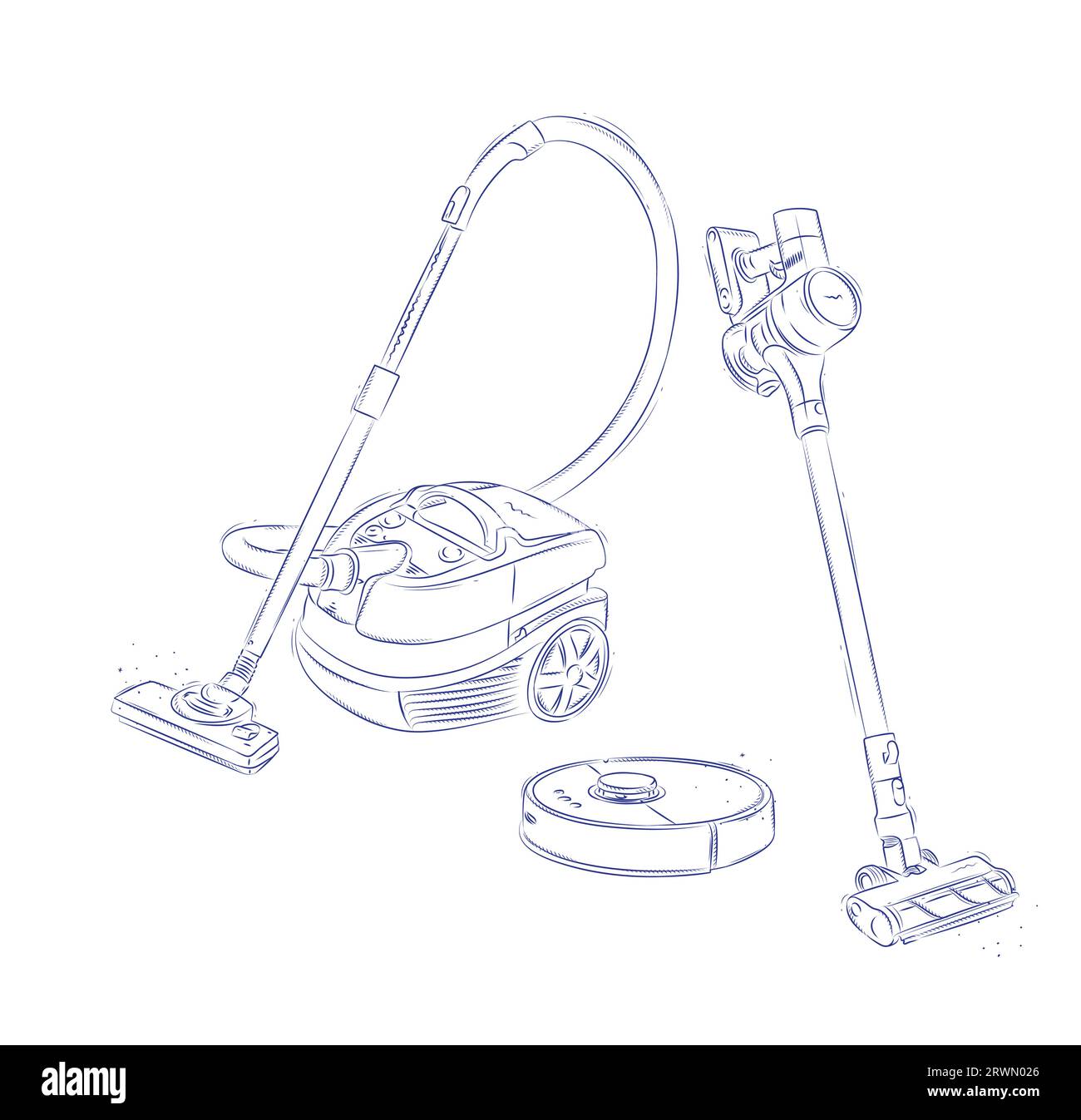 Vacuum cleaner types regular, cordless, robot drawing in graphic style
