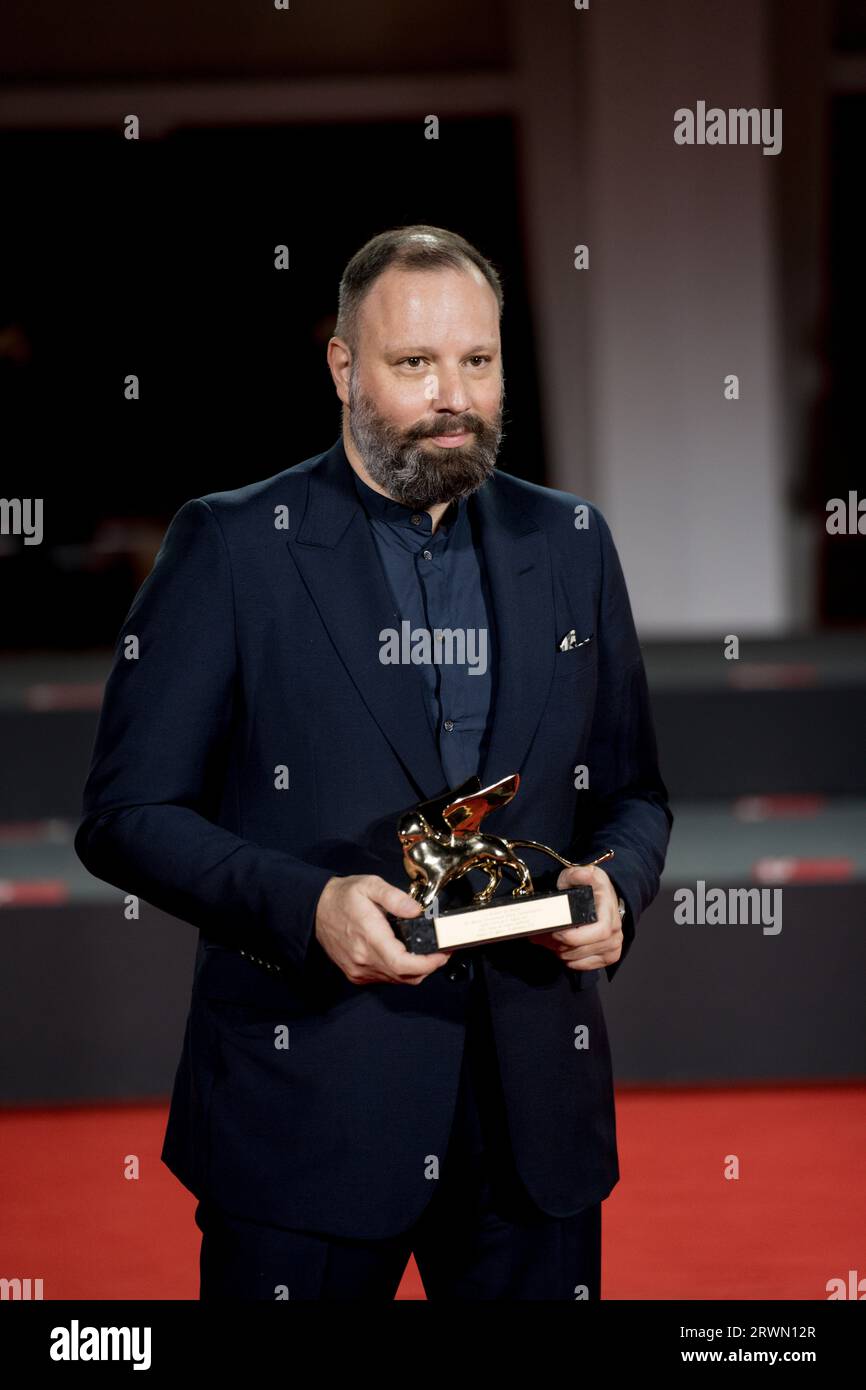 VENICE, ITALY - SEPTEMBER 09: Yorgos Lanthimos poses with the Golden Lion for Best Film for 'Poor Things' at the winner's photocall at the 80th Venice Stock Photo