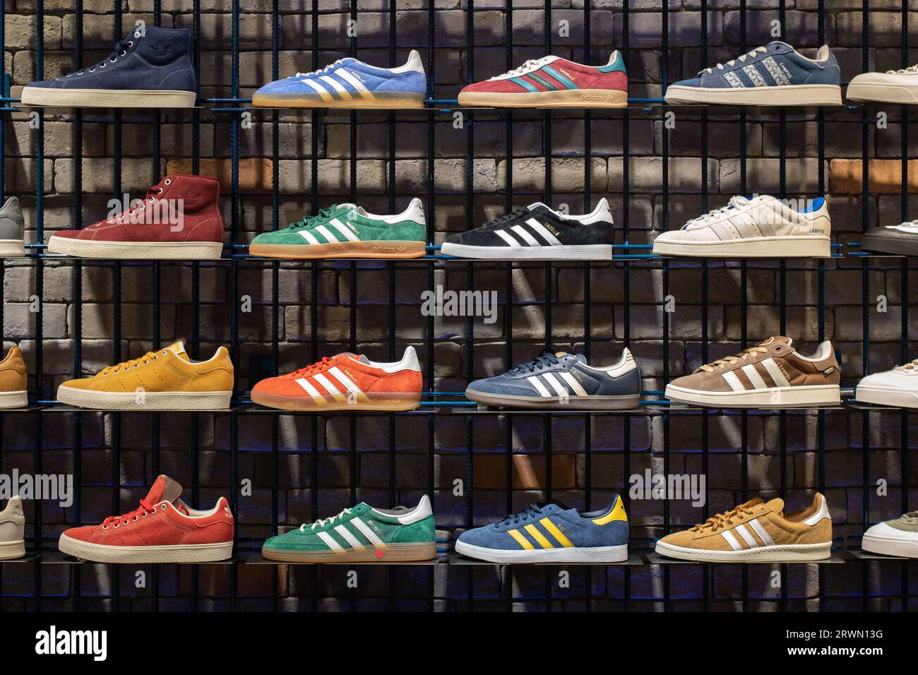 Bangkok, Thailand - September 2, 2023: store shelves with Adidas sneakers, including Gazelle, Campus, Stan Smith. Stock Photo