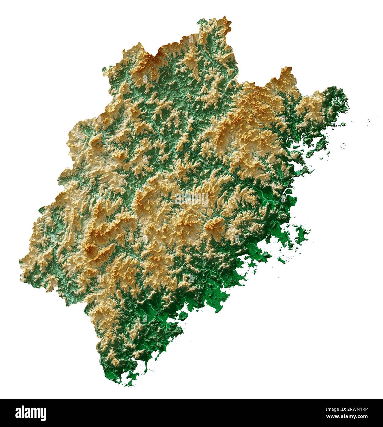 Fujian. A province of China. A detailed 3D rendering of a shaded relief map with rivers and lakes. Colored by elevation. Pure white background. Stock Photo
