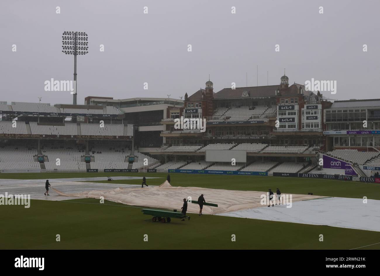 London, UK. 20th Sep, 2023. Rain delays play at the Oval as Surrey take on Northamptonshire in the County Championship at the Kia Oval, day two. Credit: David Rowe/Alamy Live News Stock Photo