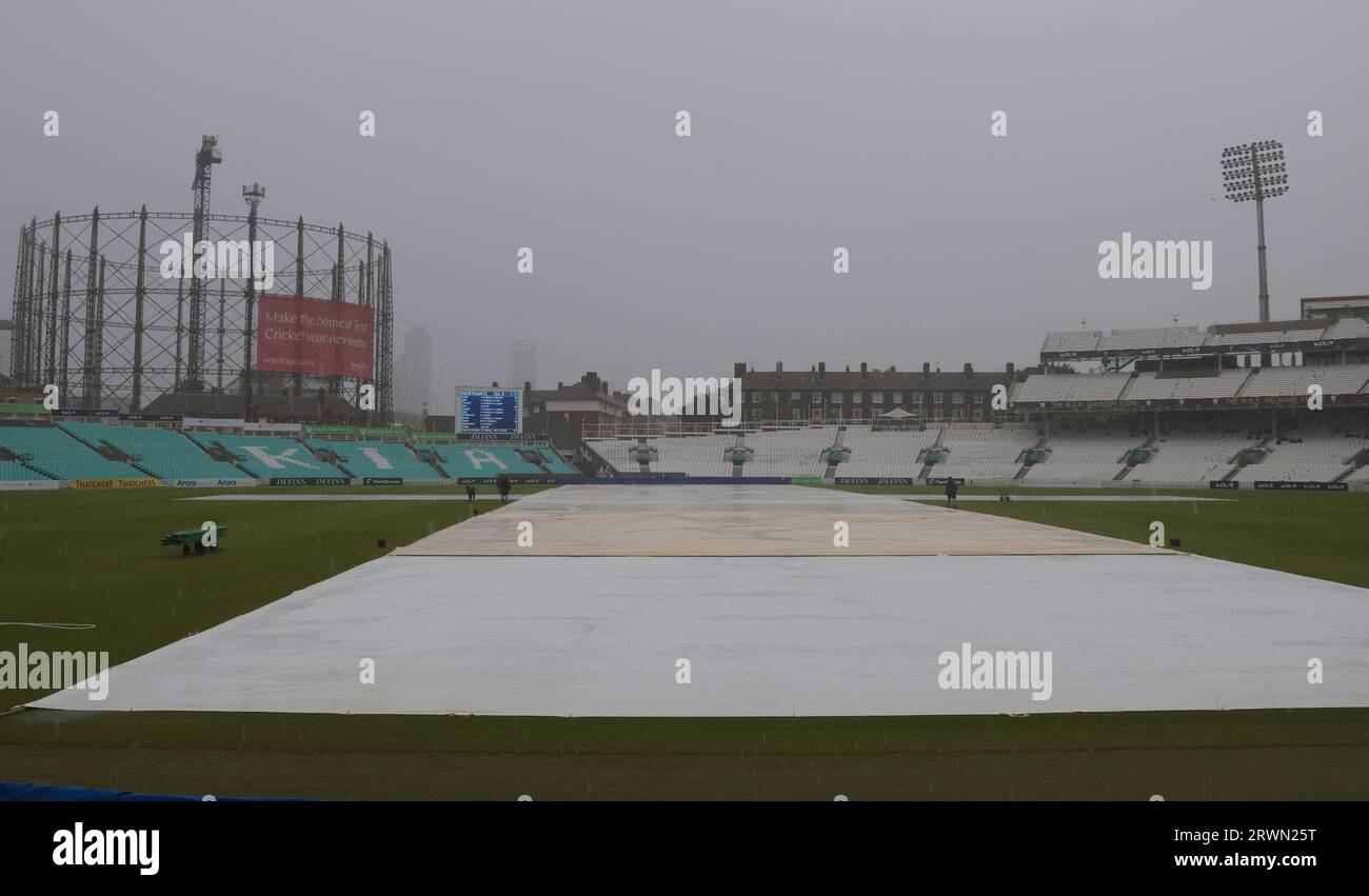 London, UK. 20th Sep, 2023. Rain delays play at the Oval as Surrey take on Northamptonshire in the County Championship at the Kia Oval, day two. Credit: David Rowe/Alamy Live News Stock Photo