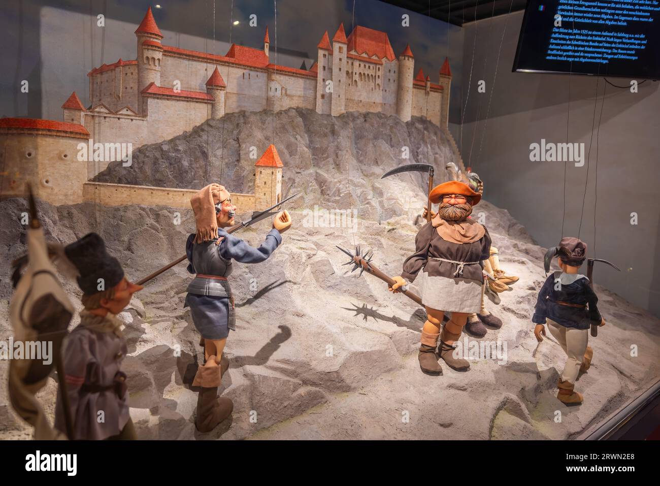 Puppets recreating the Peasant Uprising of 1525 at Marionette Museum in Hohensalzburg Fortress - Salzburg, Austria Stock Photo