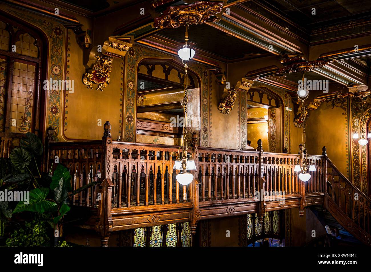 BUCHAREST, ROMANIA - SEPTEMBER 2022: Caru' cu bere, interior of one of the oldest restaurants -1879 Stock Photo