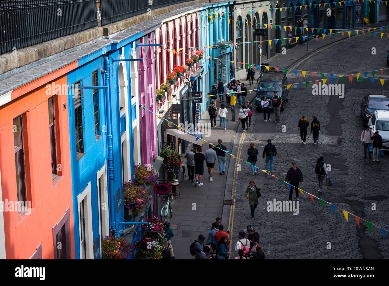 Colourful shop fronts on West Bow Street, Edinburgh, Scotland. Stock Photo