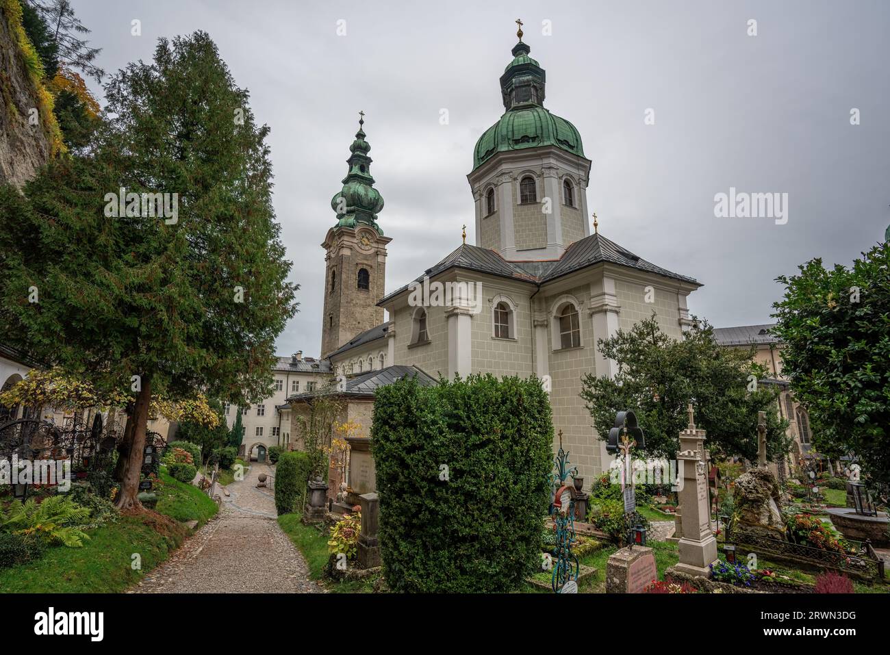 St. Peter Cemetery and Abbey Church at St. Peters Abbey - Salzburg, Austria Stock Photo
