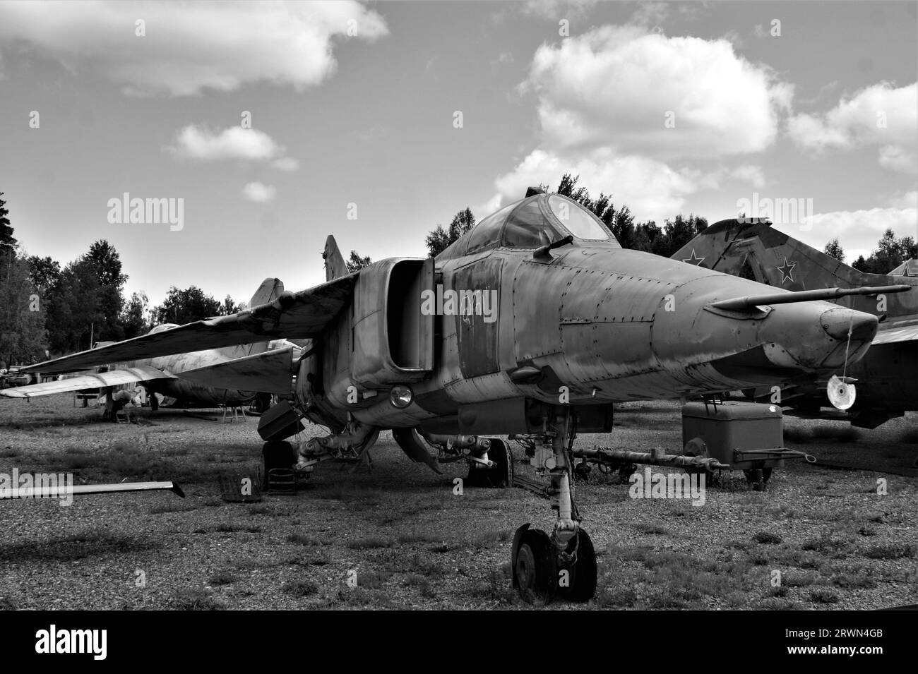Old Soviet Union military plane. Aviation museum in Latvia. Black and white image. Stock Photo
