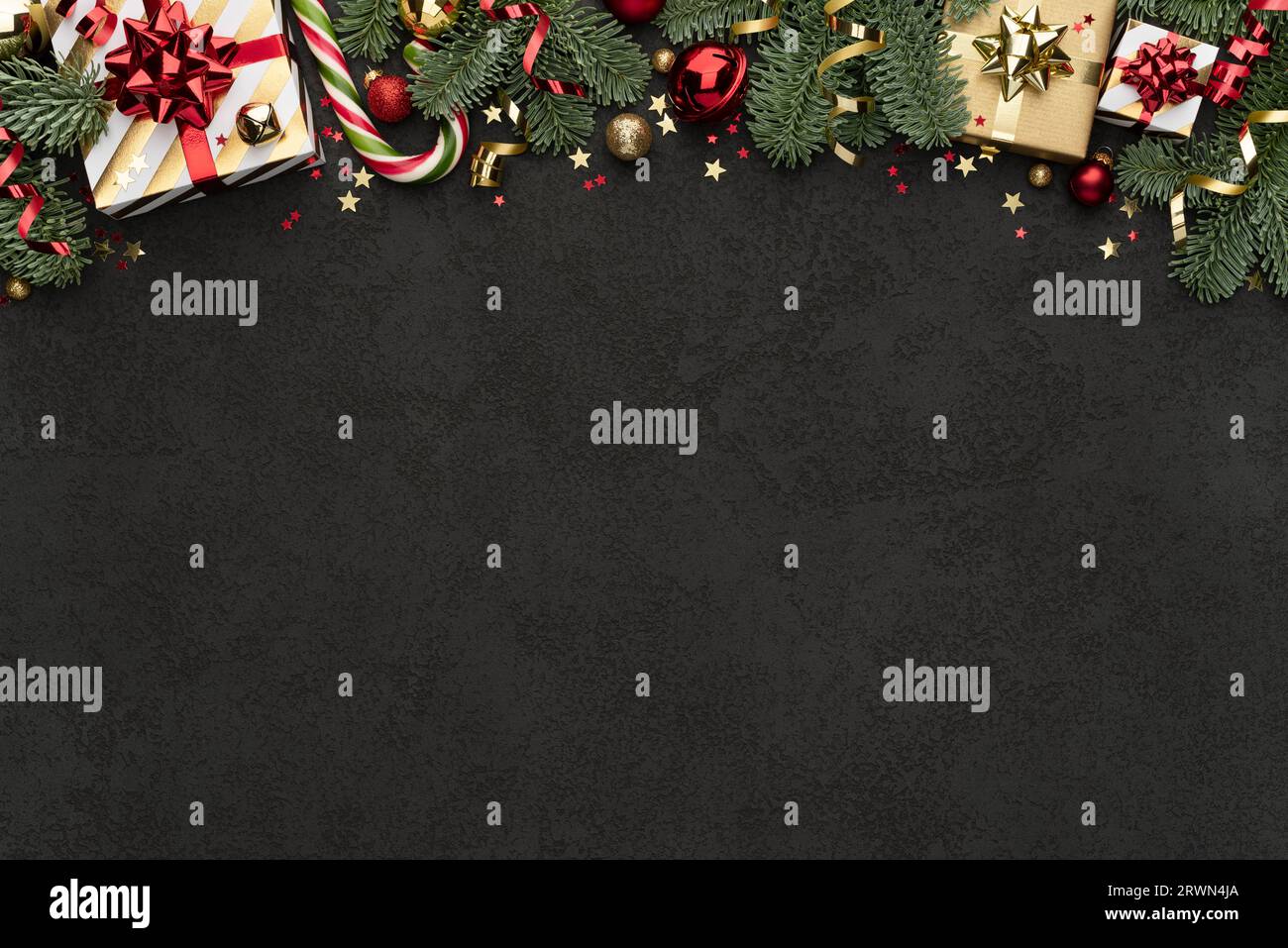 Black Christmas Background with Decoration Border Stock Photo