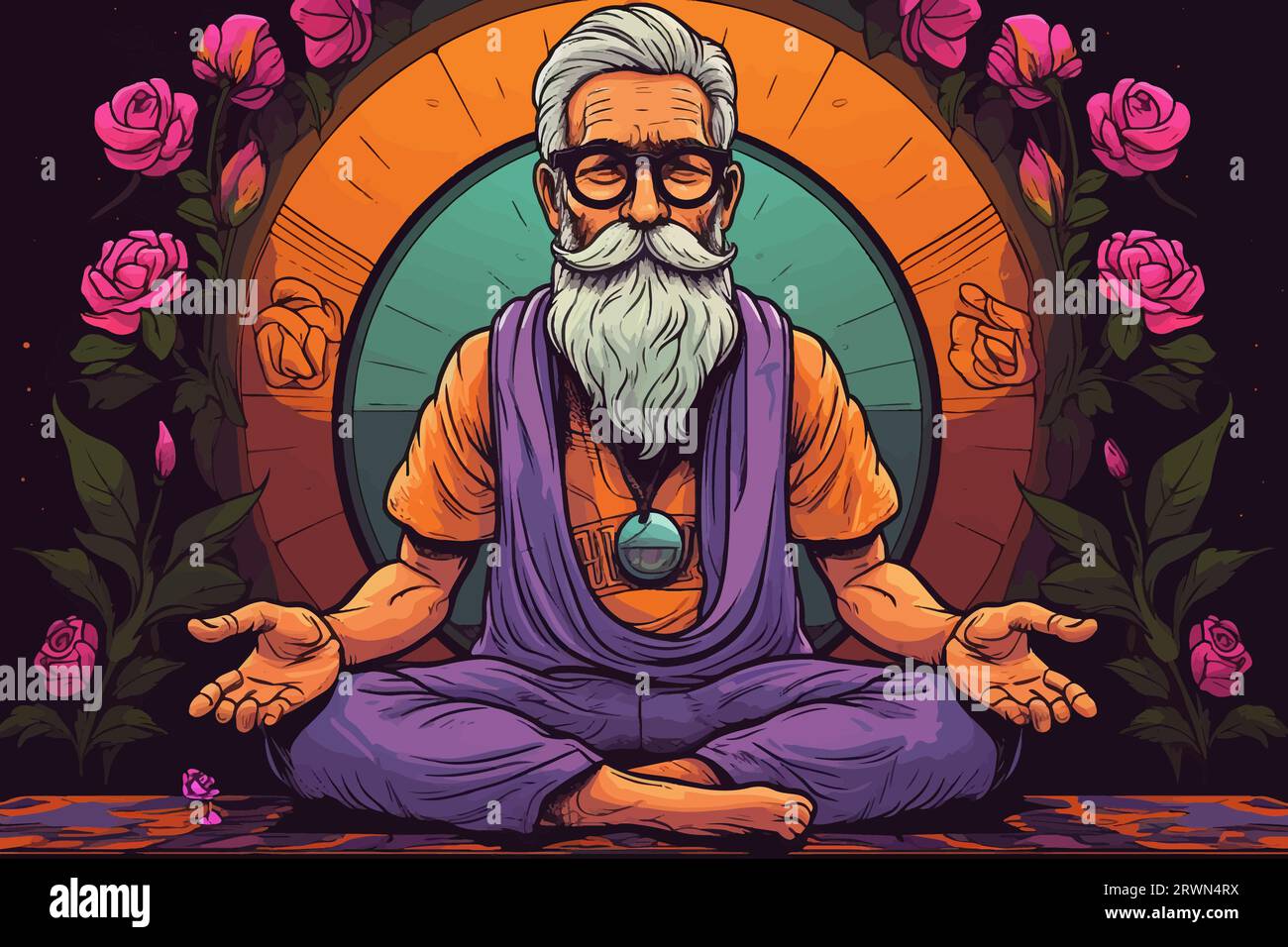 Od gray-haired man sitting in a lotus pose and meditating, surrounded by flowers. Stylish senior yoga instructor in his 60s demonstrating a meditation - Stock Image