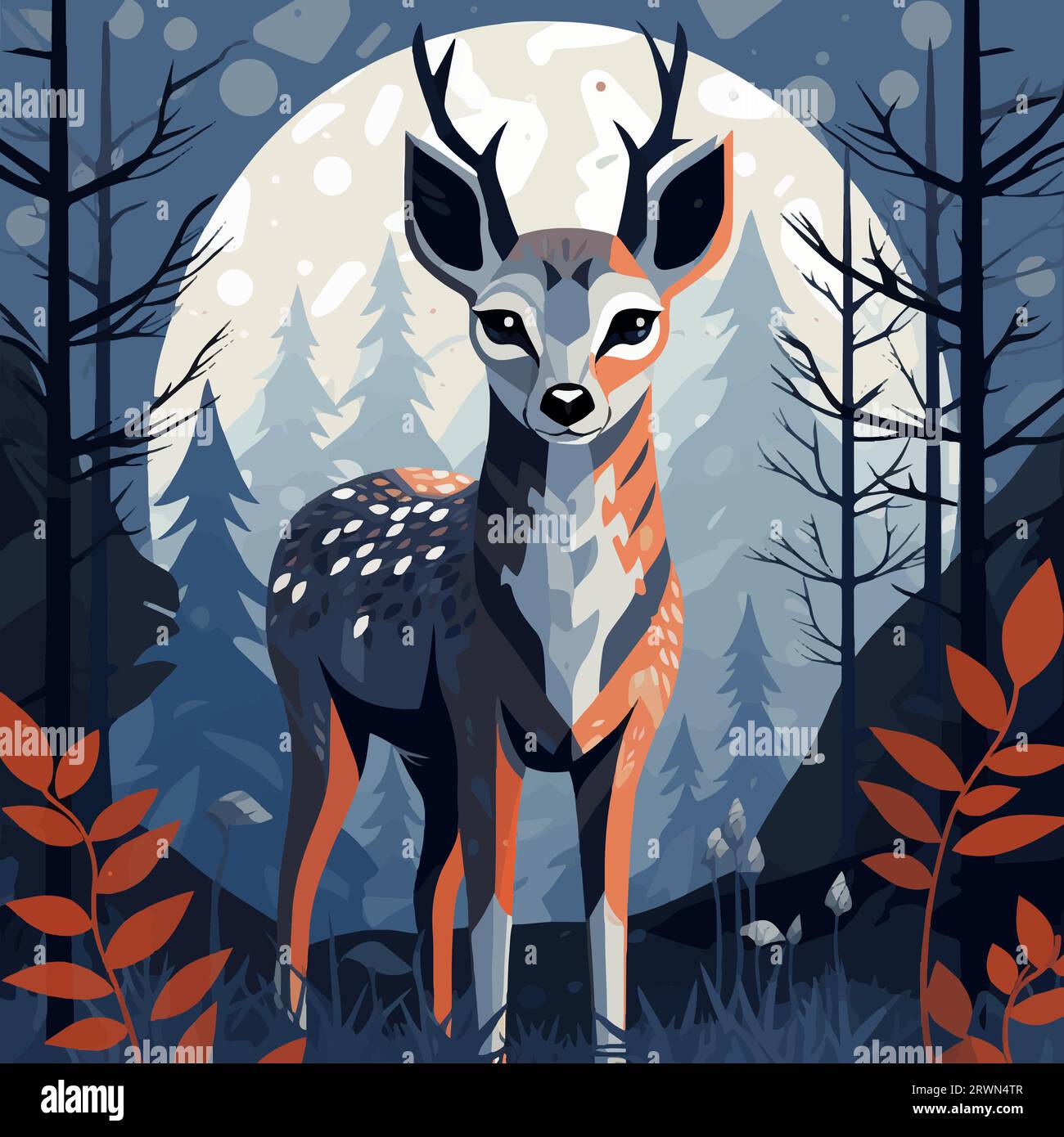 Deer standing in a serene autumn forest, under the full moon. Full body illustration of a young stag it its natural habitat at night - Stock Image