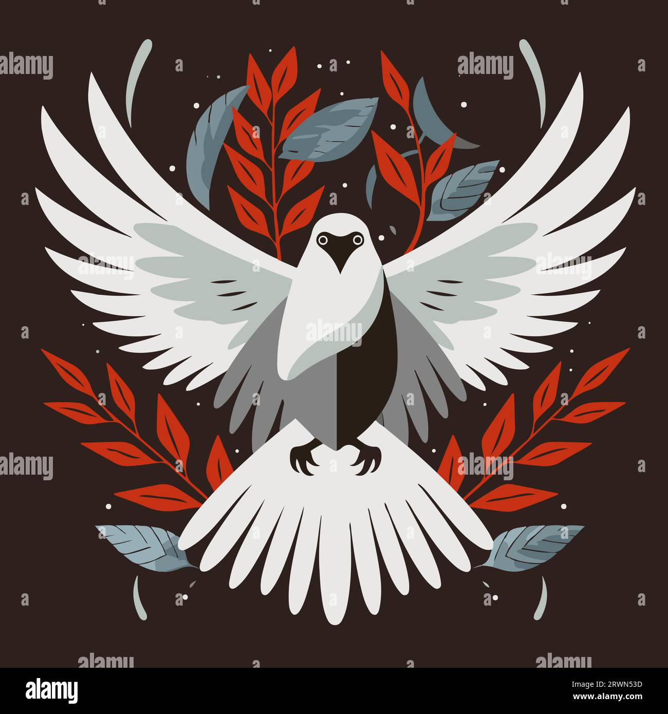 Graceful white dove soaring peacefully against a background of branches and foliage. Abstract, symbolic emblem of hope, freedom, and love - Stock Image