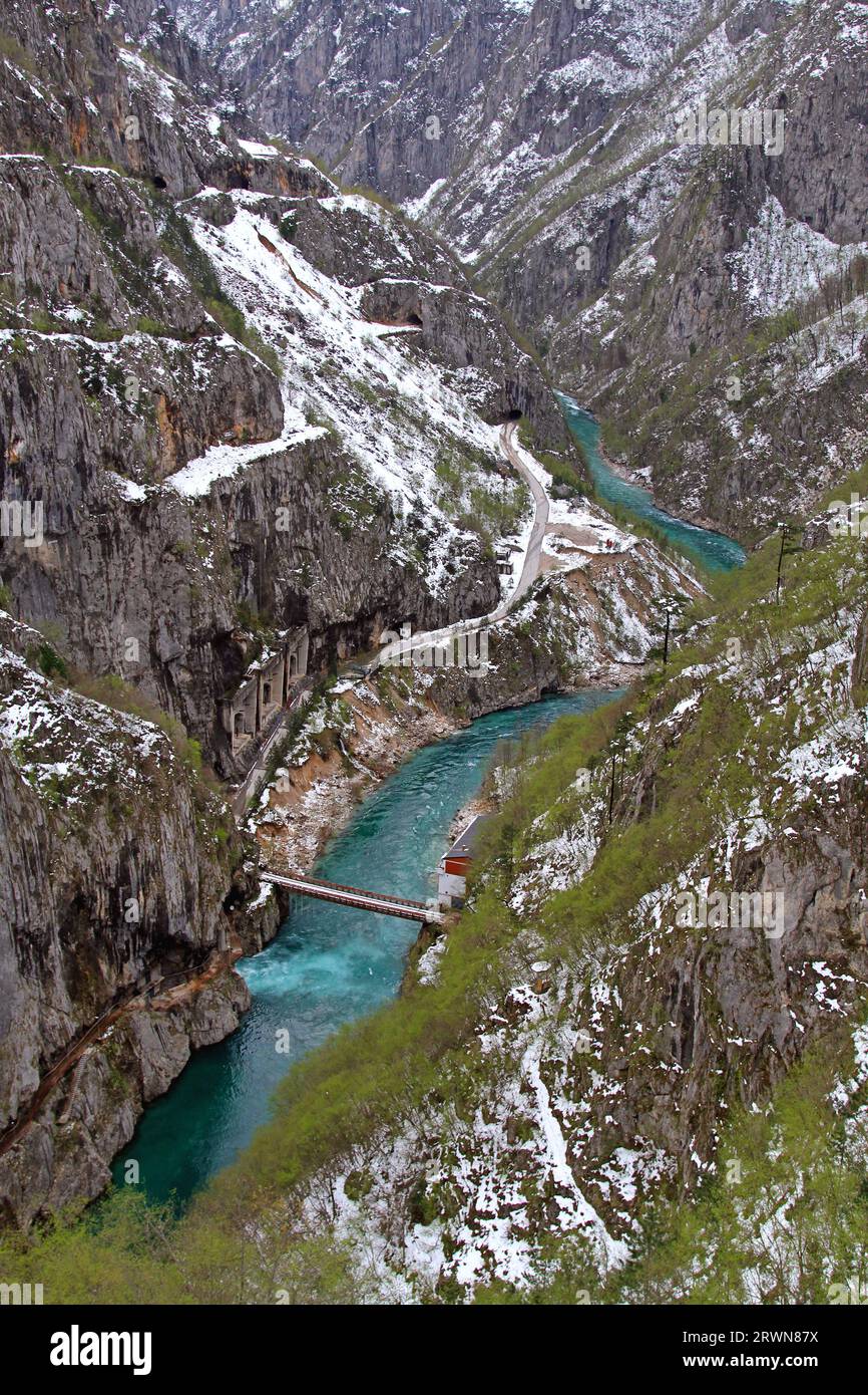 Scepan Polje, Montenegro - April 14, 2011: River Drina Border Crossing Between Hum Bosnia Hercegovina and Scepan Polje Montenegro Spring Day With Snow Stock Photo