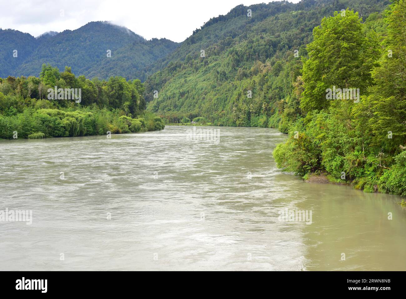 Cochamo River and Valley in a rainy day. Region de Los Lagos, Chile. Stock Photo