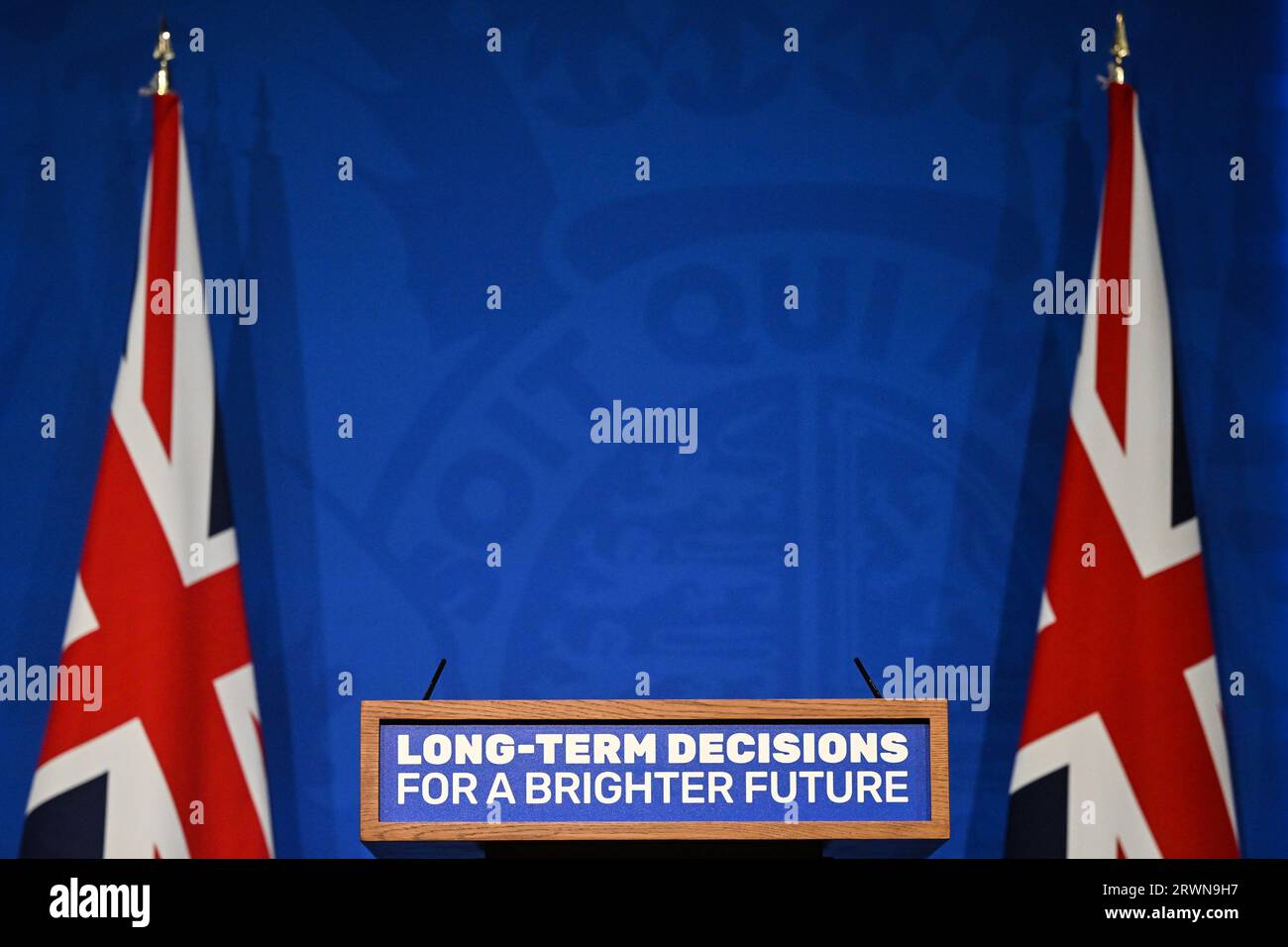 The lectern prior to Prime Minister Rishi Sunak delivering a speech on