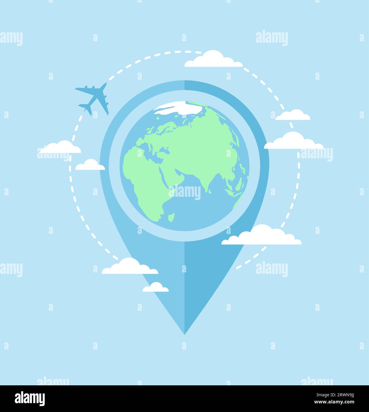 Earth globe inside a large location sign with an airplane flying around ...