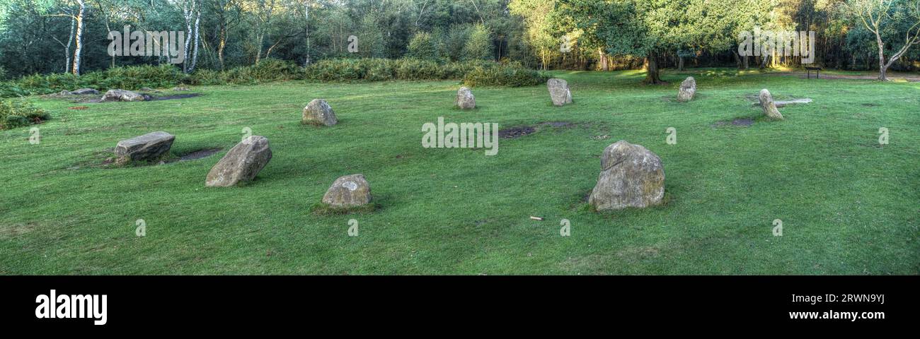 Nine Ladies Bronze Age stone circle in Peak District on Stanton Moor near Birchover Stock Photo