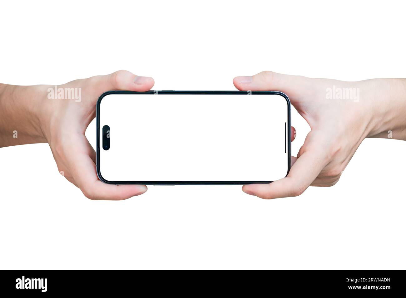 Hand showing smartphone with blank screen isolated on white background ...