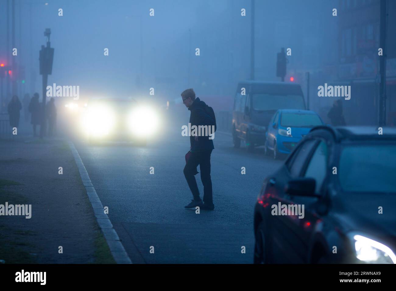 A dense fog in east London, as the temperature has dropped in the morning. Stock Photo