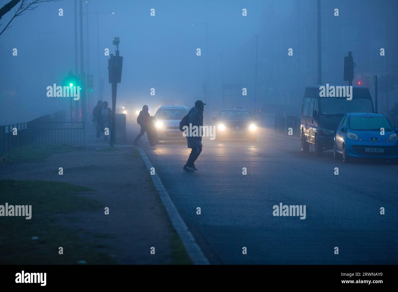 A dense fog in east London, as the temperature has dropped in the morning. Stock Photo