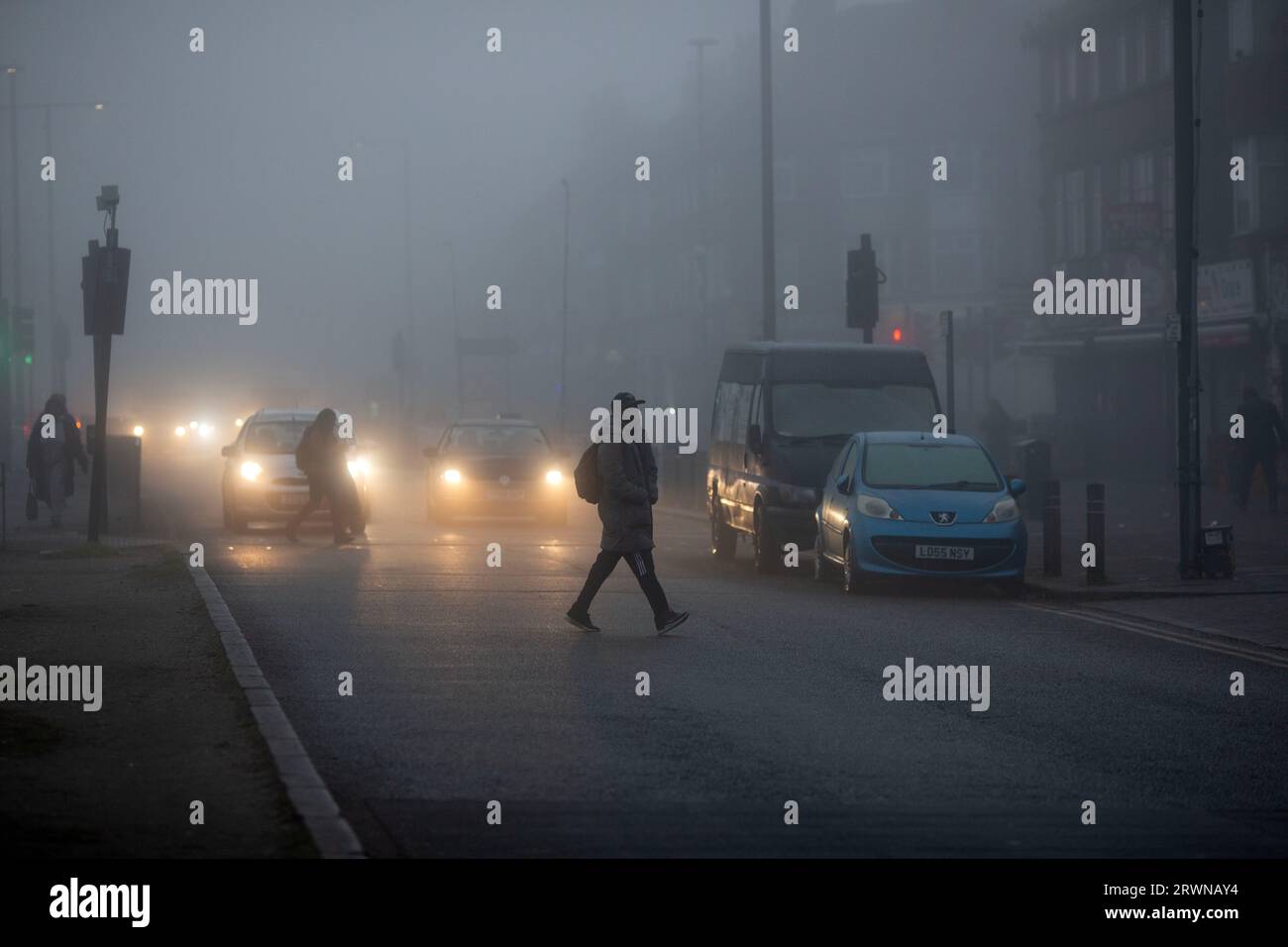 A dense fog in east London, as the temperature has dropped in the morning. Stock Photo