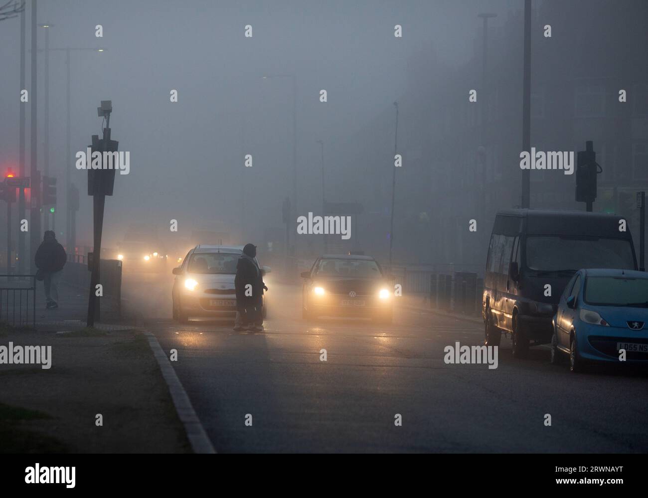 A dense fog in east London, as the temperature has dropped in the morning. Stock Photo