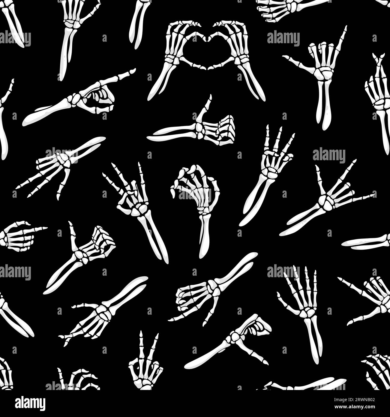 Skeleton hand gesture seamless pattern with bones, cartoon vector background. Skeleton hand peace sign and love heart, rock, OK or thumb up, pointing finger and victory V gesture sign for Halloween Stock Vector