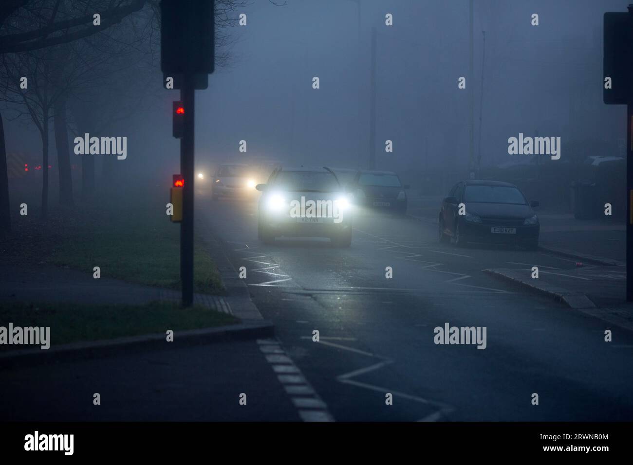 A dense fog in east London, as the temperature has dropped in the morning. Stock Photo