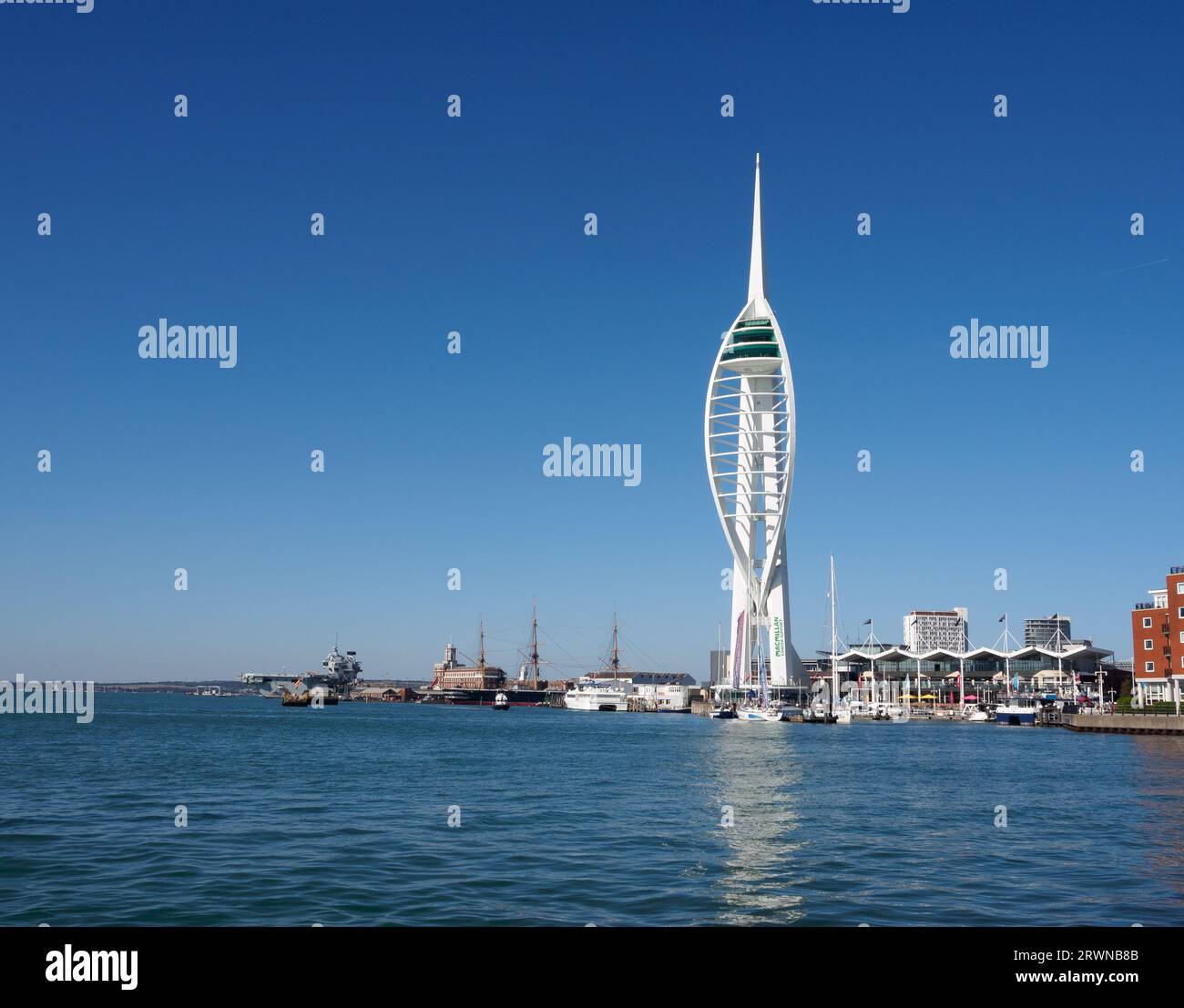 Portsmouth harbour, Gunwharfe Quays, naval dockyard and Spinnaker Tower Stock Photo
