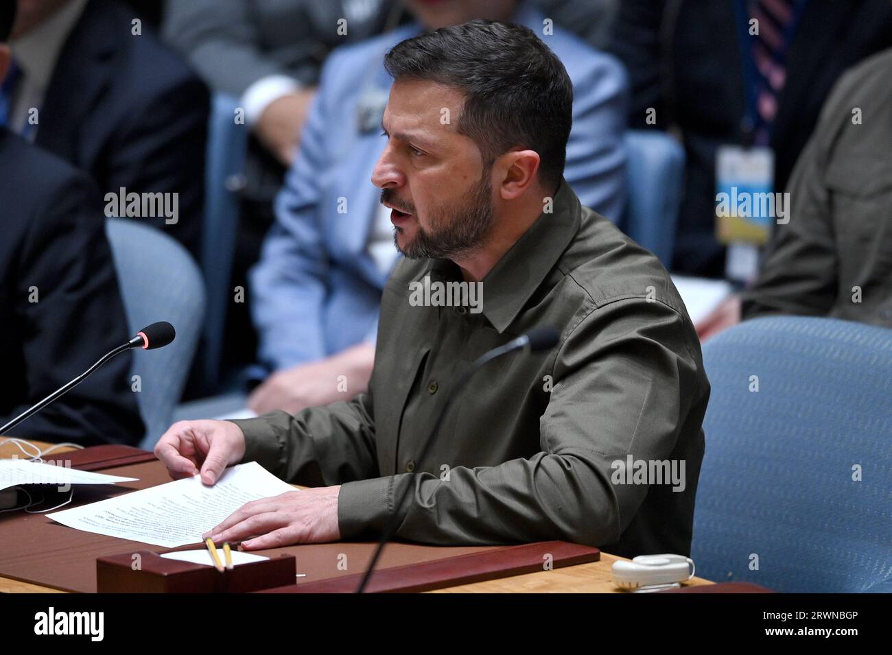 Ukraine’s President Volodymyr Zelenskiy speaks during the Security