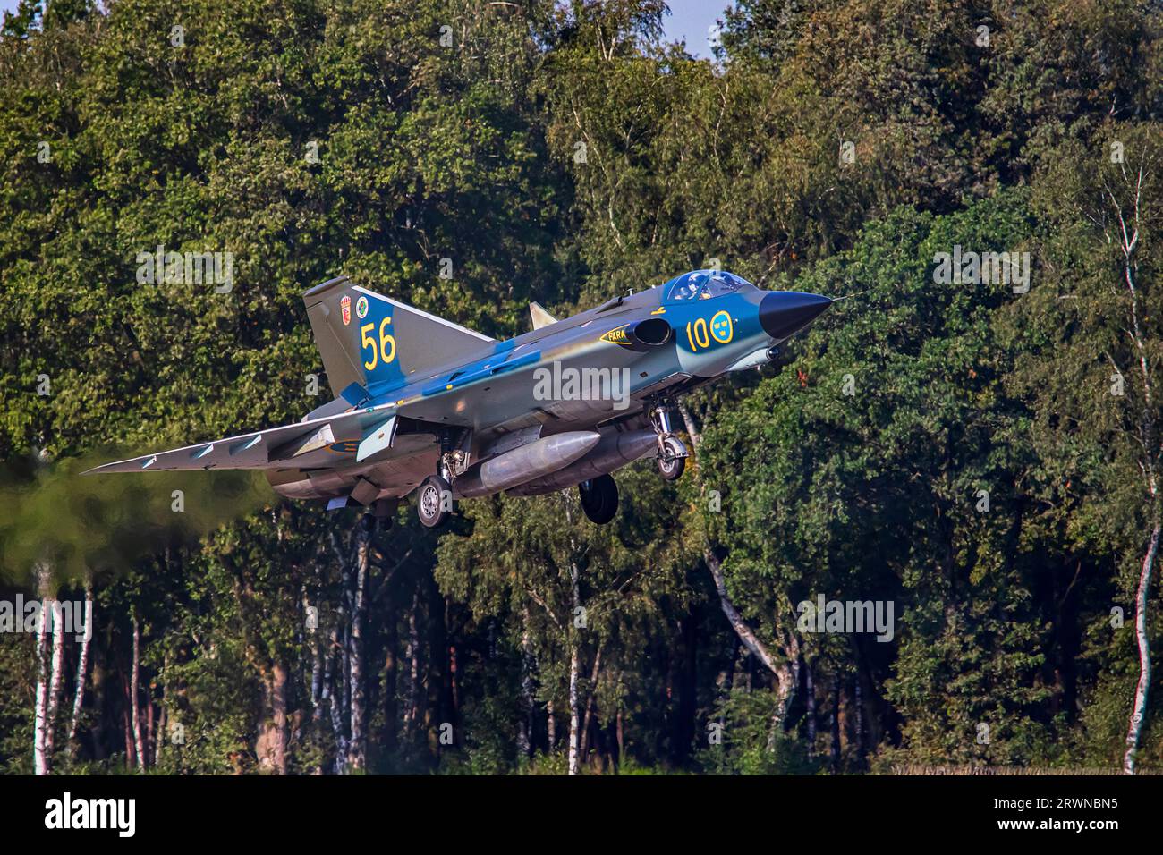 A Saab J35 'Draken' landing at Kleine Brogel Air Force Base Stock Photo