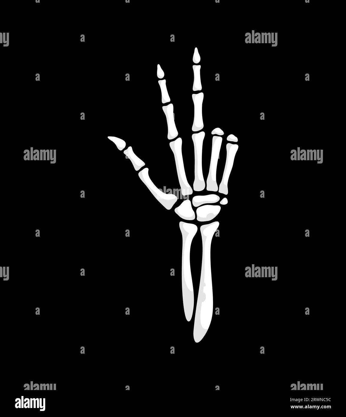 Skeleton hand gesture with three fingers up, vector silhouette icon
