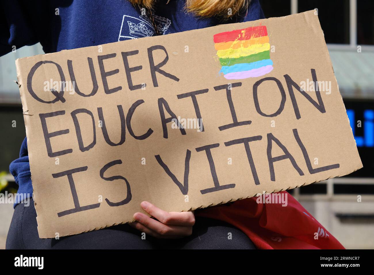 Halifax, Nova Scotia, Canada. September 20, 2023. “Queer education is Vital” message from a Counter Protester to the “1 Million March 4 Children'' to fight anti-Trans position of the March and to protect Sexual Orientation and Gender Identity (SOGI) curriculum in schools and promote safe inclusive Schools for 2SLGBTQIA  children. Credit: meanderingemu/Alamy Live News Stock Photo