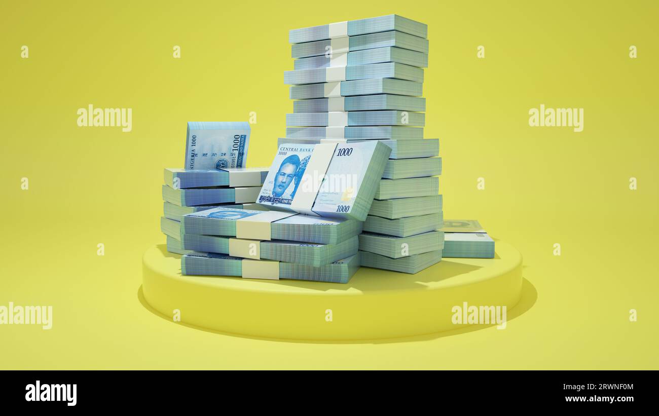 Stacks of 1000 Nigerian naira notes on top of pedestal. money on yellow background. 3d rendering of bundles of cash Stock Photo