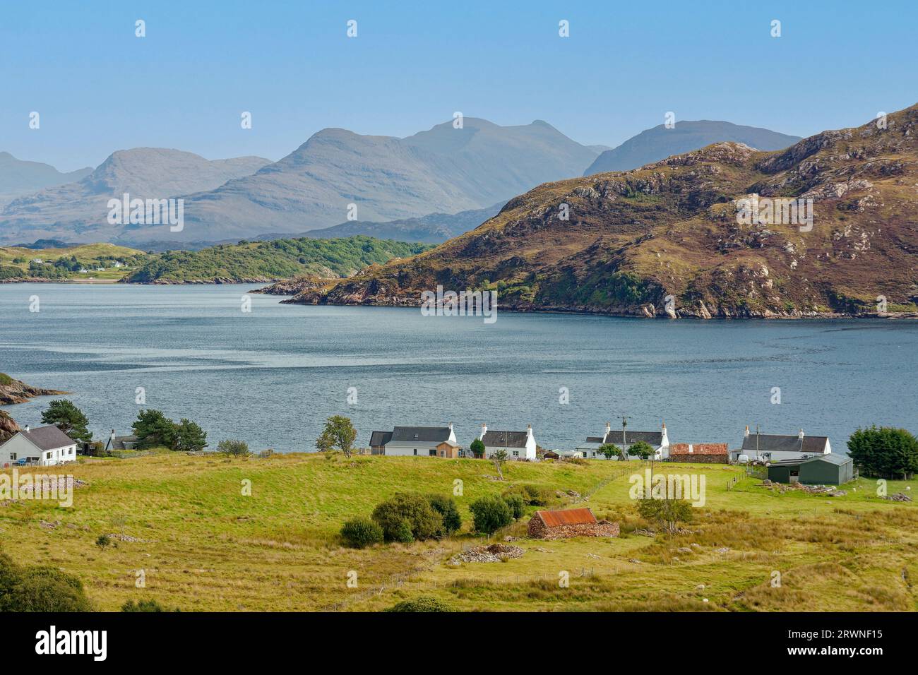 Applecross Peninsula Scotland the houses of Kenmore village overlooking Loch Torridon and the mountains Stock Photo