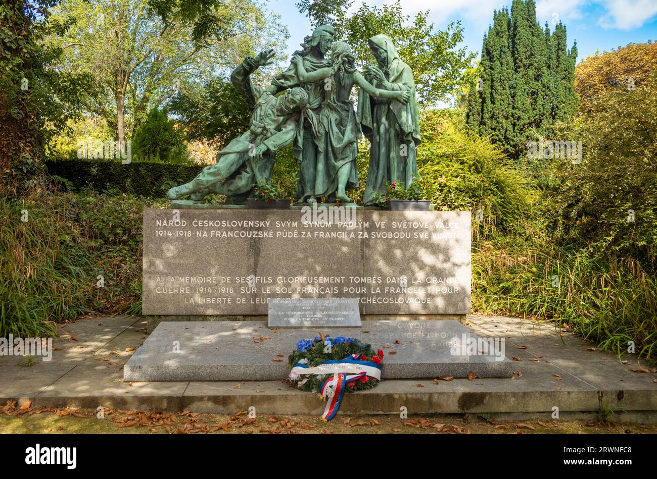 The monument in Pere Lachaise Cemetery in Paris, France, to Czechoslovakian soldiers who died in France during WW1. It features the French allegorical Stock Photo