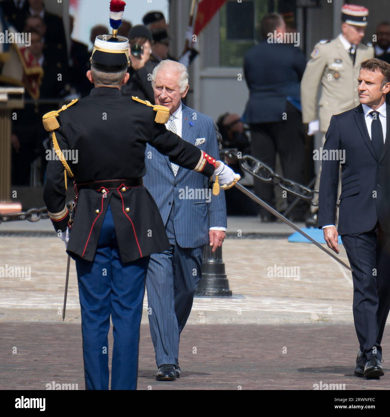 Paris, France, 20th September, 2023. King Charles III walking with Macron at the ceremonial welcome at the Arc de Triomphe  - Jacques Julien/Alamy Live News Stock Photo