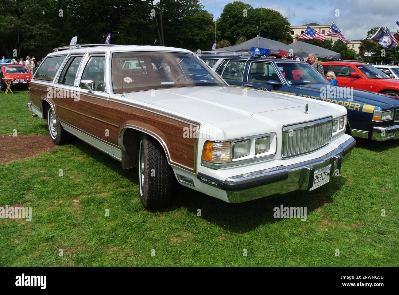 A 1990 LincolnMercury Grand Marquis estate car parked up on display at