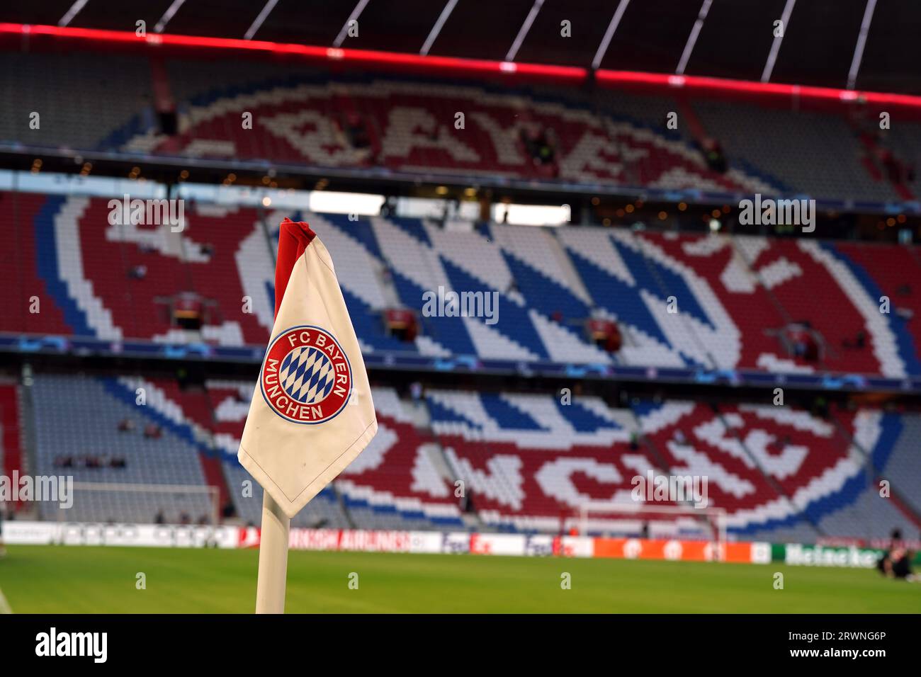 A general view of the Allianz Arena and UEFA Champions League branding  pitch side before the match Stock Photo - Alamy