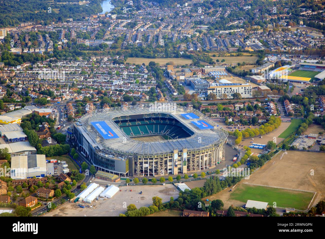 Twickenham Stadium in Twickenham, south-west London, is a rugby union stadium owned by the Rugby Football Union (RFU). The England national rugby unio Stock Photo