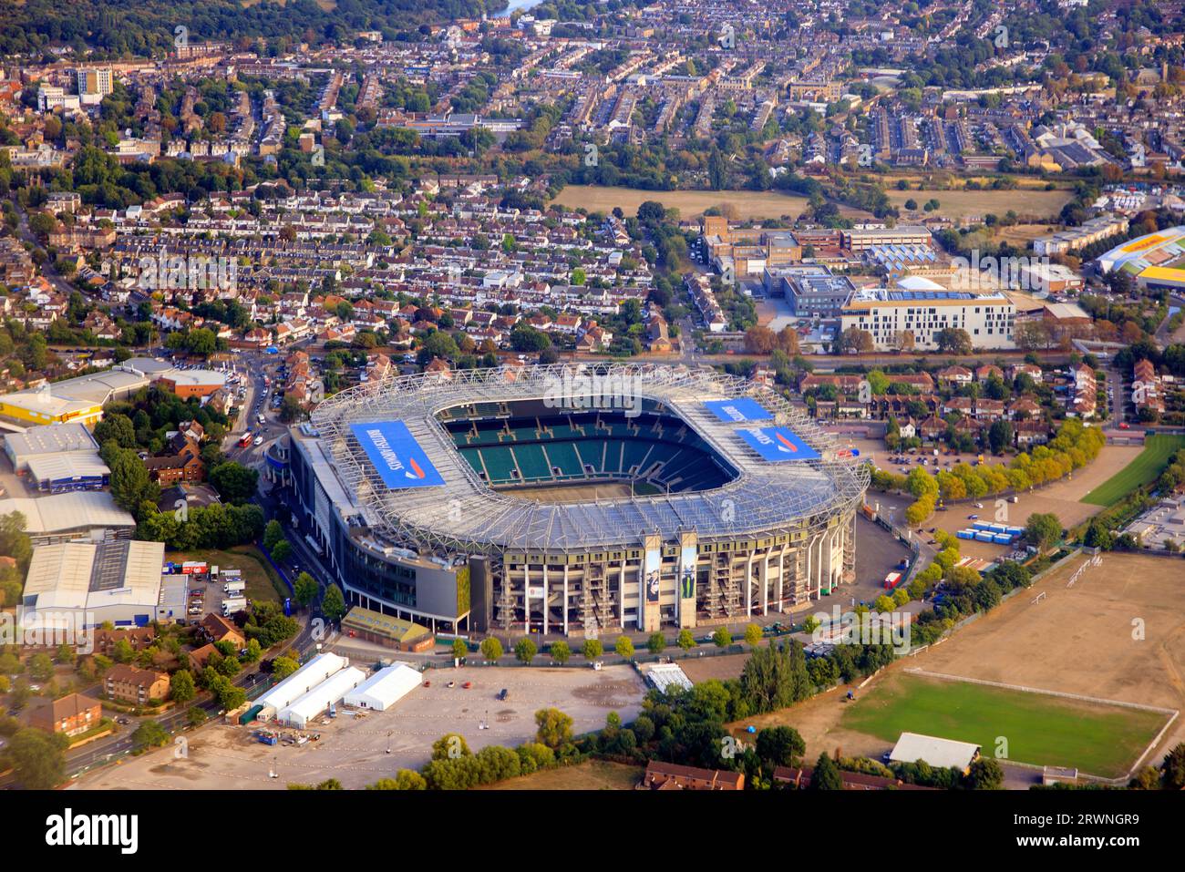 Twickenham Stadium in Twickenham, south-west London, is a rugby union stadium owned by the Rugby Football Union (RFU). The England national rugby unio Stock Photo