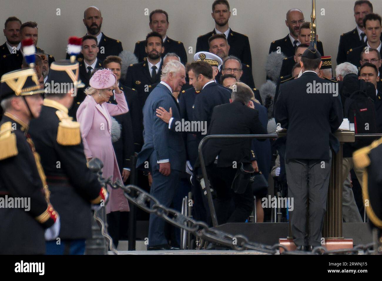 Paris, France, 20th September, 2023. King Macron welcoming Charles III, Queen Camilla at the ceremonial welcome at the Arc de Triomphe  - Jacques Julien/Alamy Live News Stock Photo