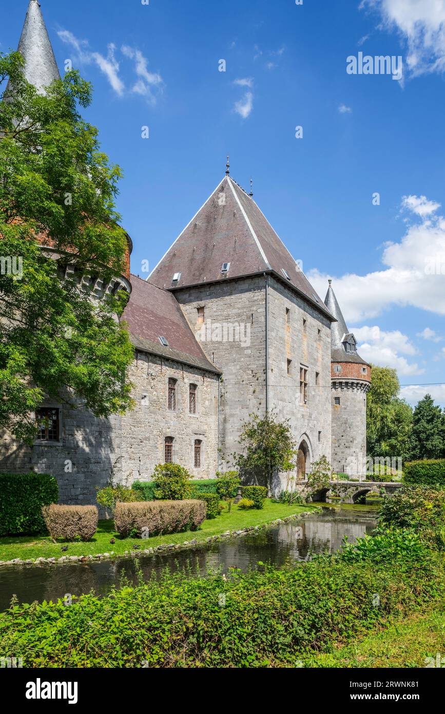 Château de Solre-sur-Sambre, 14th century fortified water castle near Erquelinnes, province of Hainaut, Wallonia, Belgium Stock Photo
