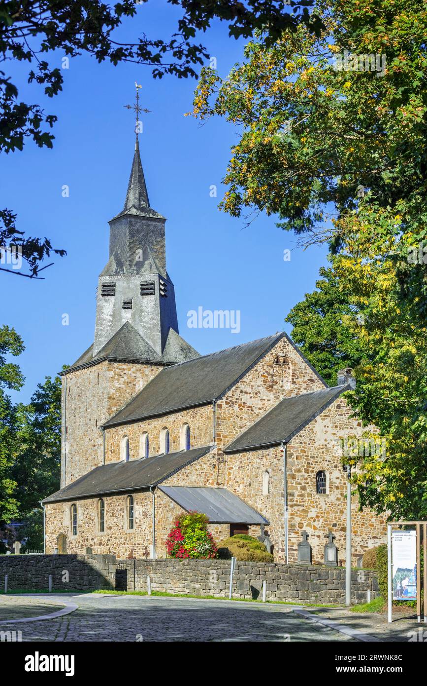 11th century Romanesque Saint Etienne church in the village Waha, Marche-en-Famenne in the province of Luxembourg, Belgian Ardennes, Wallonia, Belgium Stock Photo
