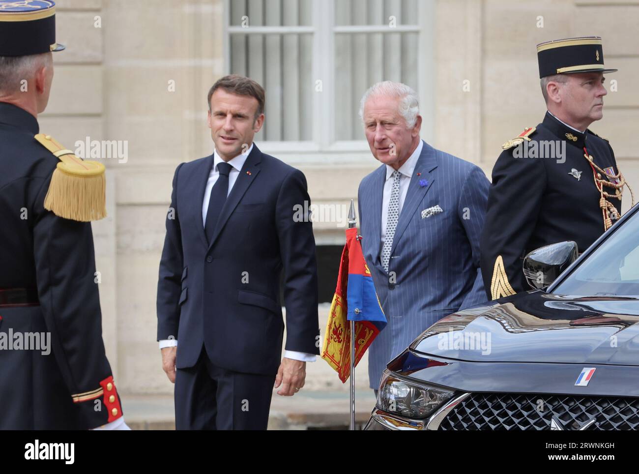 Paris, France. 20th Sep, 2023. British King Charles III arrives with French President Emmanuel Macron (L) at the Elysee Palace in Paris, on Wednesday, September 20, 2023. The monarch and Queen Camilla are in France on a two-day state visit. Photo by Maya Vidon-White/UPI Credit: UPI/Alamy Live News Stock Photo