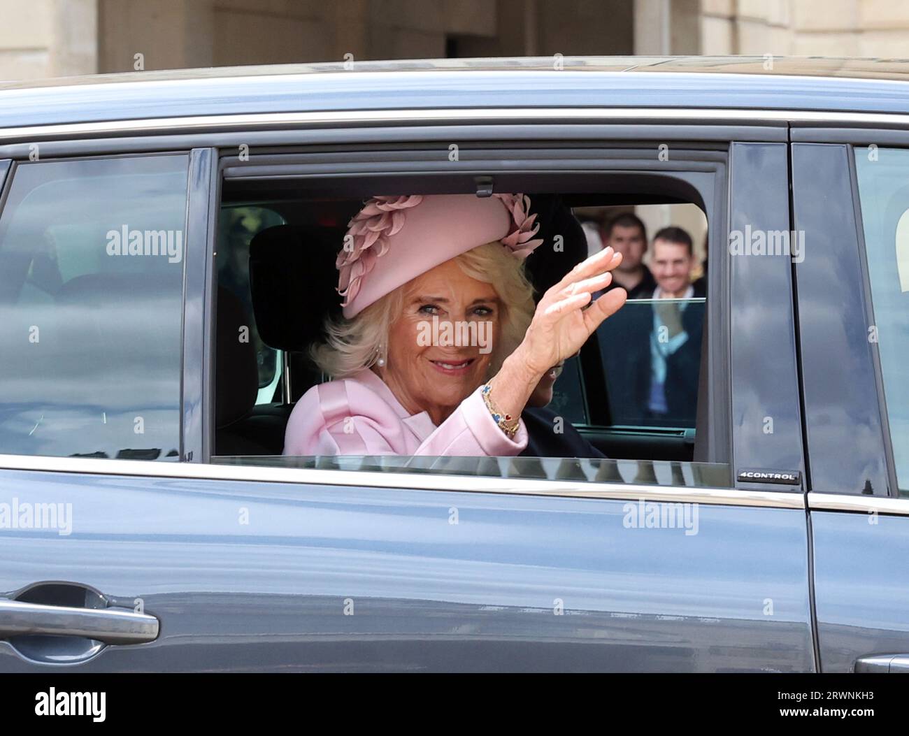 Paris, France. 20th Sep, 2023. British Queen Camilla Waves from her car as as she leaves the Elysee Palace in Paris, on Wednesday, September 20, 2023. The royals are in France on a two-day state visit. Photo by Maya Vidon-White/UPI Credit: UPI/Alamy Live News Stock Photo