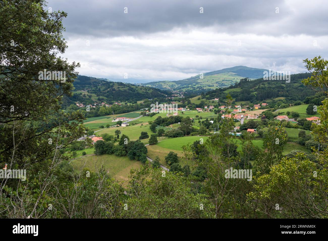 Mountains and green meadows of Cantabria, Spain Stock Photo