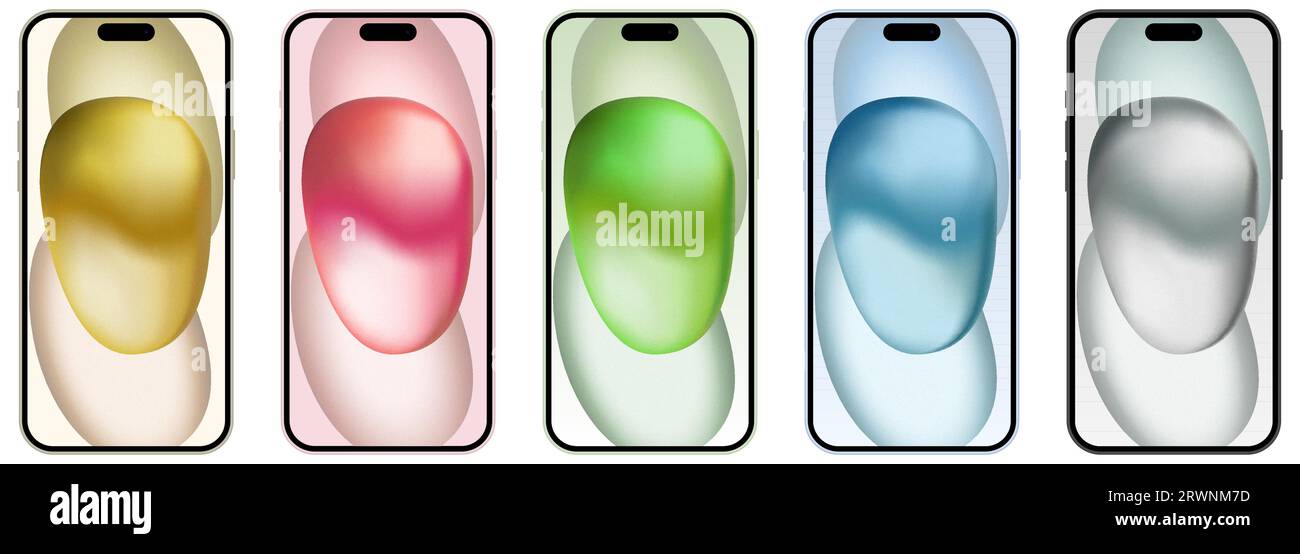 Set of iPhone 15 Plus in different colors. Front view screen. Editorial vector Stock Vector