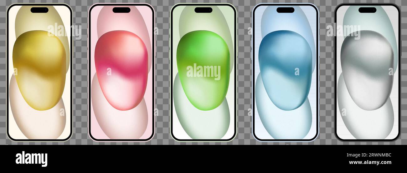iPhone 15 Plus set in different colors. Front view screen. Editorial vector isolated on transparent background Stock Vector