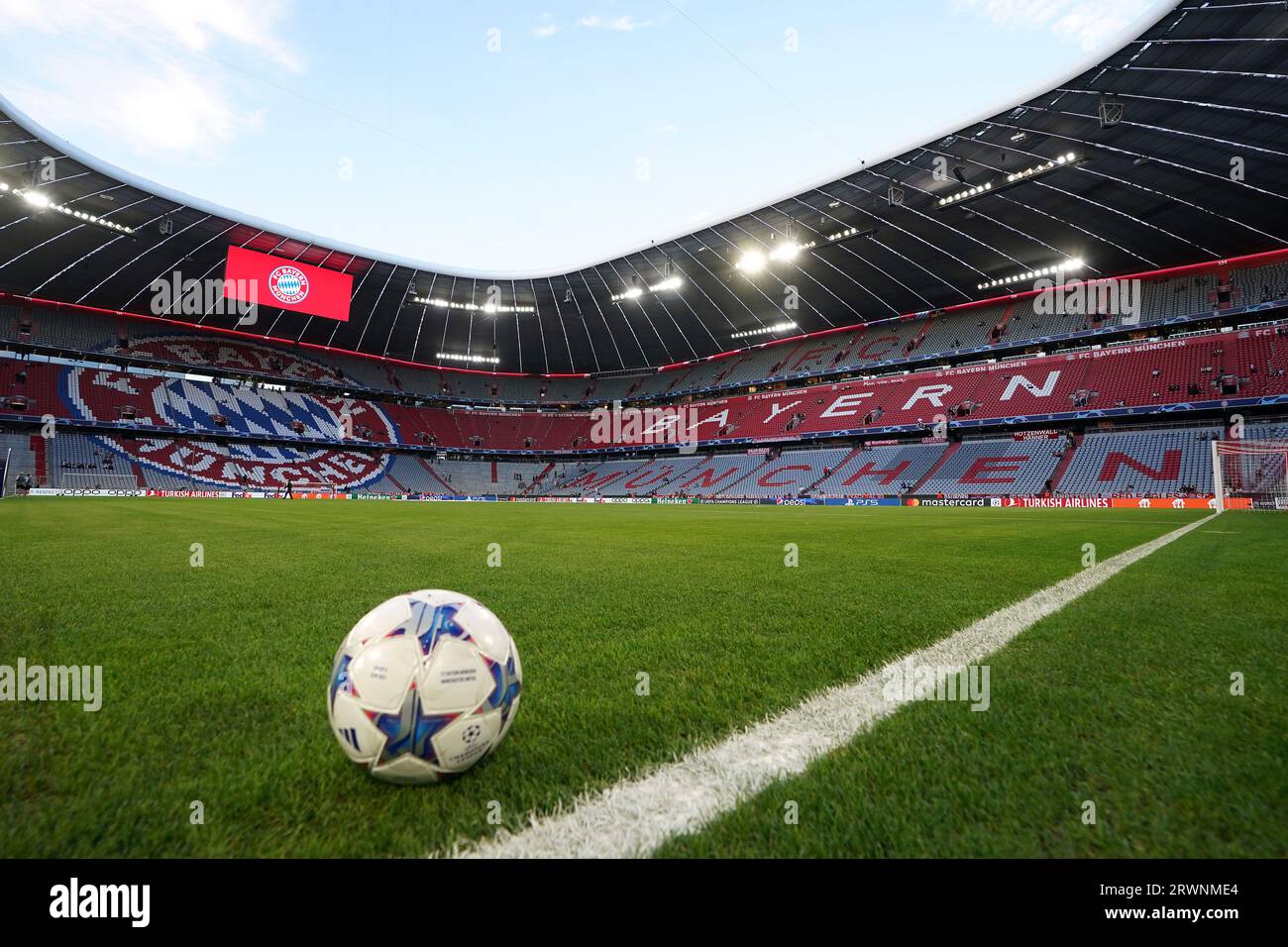 A general view of the Allianz Arena and UEFA Champions League branding  pitch side before the match Stock Photo - Alamy