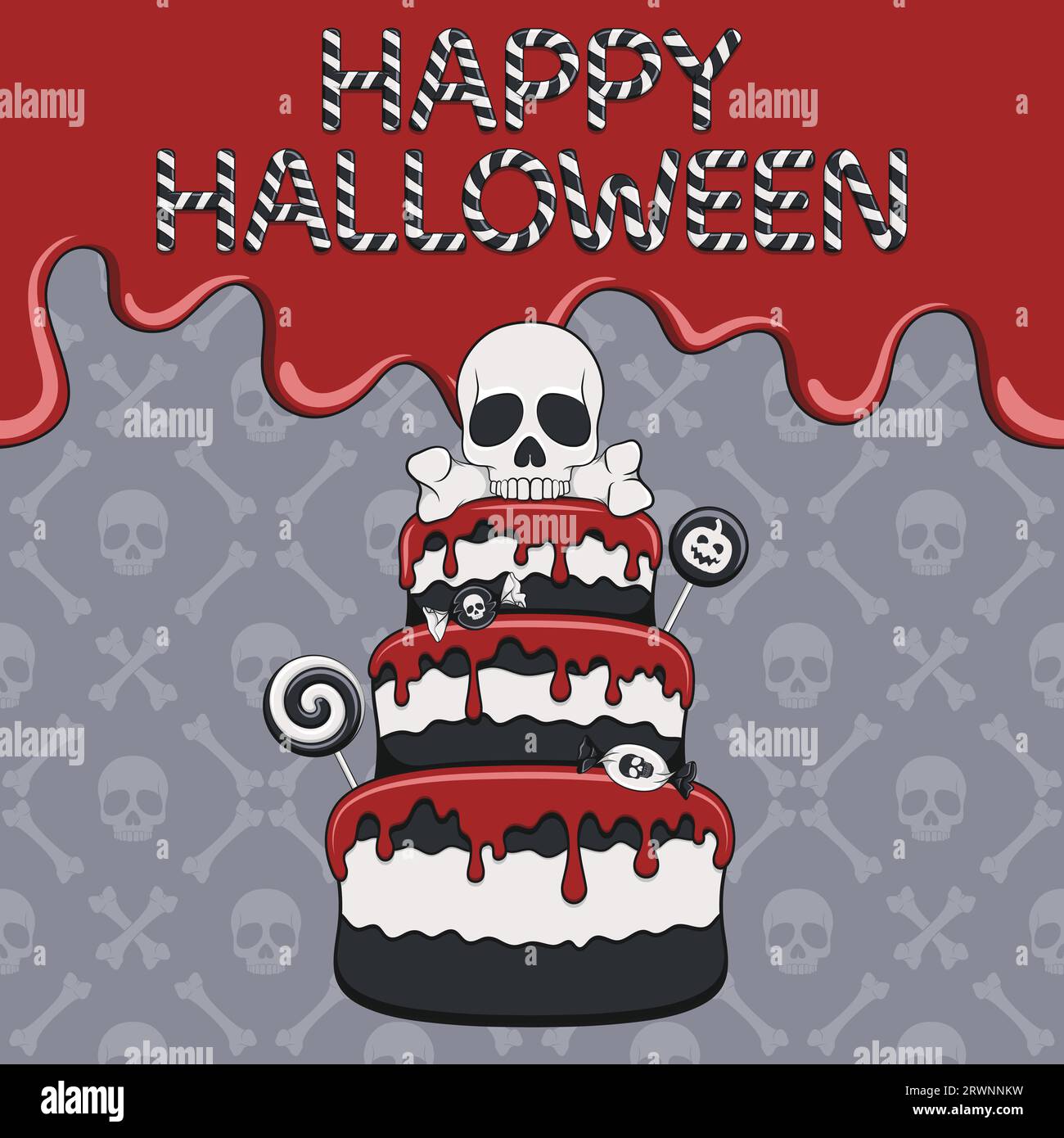 Happy Halloween card with cake, skull, candy. Color vector illustration. Stock Vector
